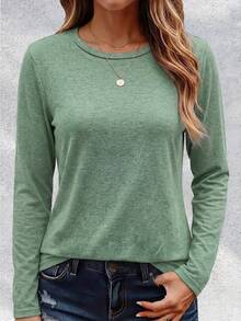 4pcs Women's Solid Color Round Neck Long Sleeve Polyester T-Shirts, Comfortable Fit, Suitable For Autumn And Spring Wear, Slightly Elastic Fabric - Multicolor - View 6