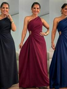 One-Shoulder Long Dress With Elegant Cutout – Sophistication And Style For Parties - Rust Brown - View 2