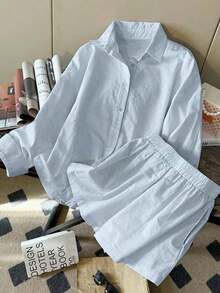 Nuevo conjunto casual de dos piezas de lino para mujer, compuesto por blusa holgada de manga larga de cuello solapa y pantalones cortos coordinados a juego.Está confeccionado con tela de lino fresca transpirable, corte holgado cómodo, ideal para uso diario informal de primavera y verano. - Rosado Sandía - Ver 5