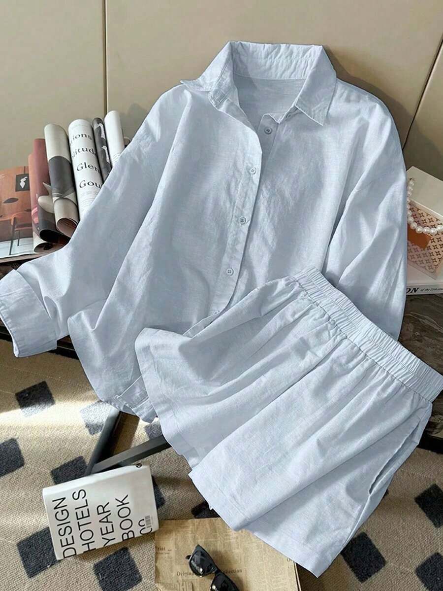 Conjunto de dos piezas para mujer, color crema, camisa holgada y shorts.Tejido tipo lino transpirable y cómodo, ideal para primavera-verano, vacaciones y looks casuales. - Azul - Ver 1
