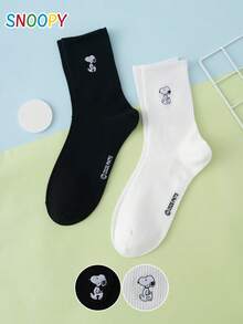 2 Pairs Of Men's Mid-Calf Crew Socks From The SNOOPY Series, Featuring Cute, Fun And Personalized Cartoon Puppy Embroidery. - Black and White - View 4