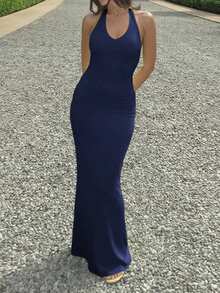 Vestido largo de mujer Vaiaye de unicolor, con cuello en V profundo, volantes en la espalda, de punto elástico, minimalista y elegante, estilo europeo y americano, sin mangas, adecuado para vacaciones, ocio y uso diario en verano - Azul Marino - Ver 3