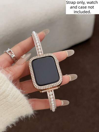 MAPUCE 1pc Compatible With Apple Watch Band, Fashionable Copper-Color Metal Double Row Zirconia Pearl Bracelet Smart Watch Band, Compatible With Apple Watch 38/40/41/42/44/45/46/49mm, Compatible With Apple Watch Series Ultra/SE/10/9/8/7/6/5/4/3/2/1, Length Adjustable Without Tools, Gift For Friends
