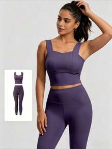 Conjunto básico de yoga New Peach, conjunto de ejercicios de intensidad media, a prueba de golpes y con buen soporte, conjunto de dos piezas para correr en interiores y hacer ejercicio. - Morado - Ver 4