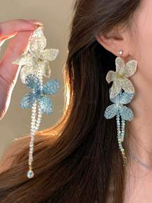 1 Pair Fashionable Elegant Intricate Woven Floral Sparkling Glass Tassel Earrings, Unique Bohemian Style Suitable For Vacation, Party, Gathering Wear - White + Blue - View 7