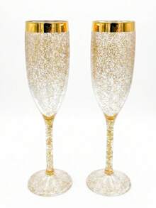 Taças de champanhe 1pc/6pcs/6oz com brilho dourado, copos de champanhe em plástico PS, taças de vinho, copos de vinho com pó dourado, copos de festa em acrílico, resistentes a impactos, copos de champanhe em acrílico transparente, adequados para água, sumo, cocktails, vinho e sobremesas. Perfeitos para eventos de catering, grandes espaços, restaurantes e casamentos, festas de aniversário, feriados, Dia de São Valentim, Natal e Véspera de Ano Novo. [Reutilizáveis] - Ver 10