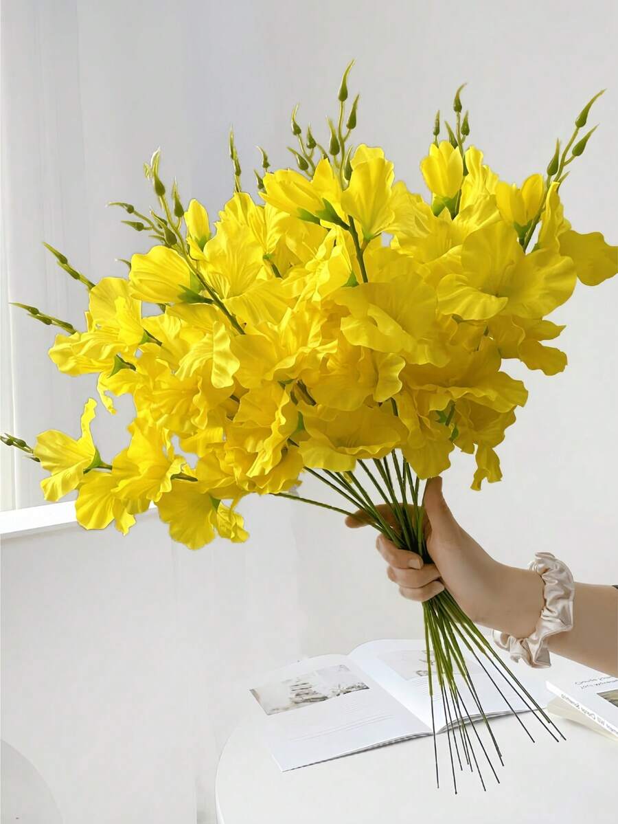 6/10/15pcs Artificial Yellow Cymbidium Orchid Flowers, 21.6 Inch Long Silk Orchid Stems, Suitable For Wall, Living Room, Bedroom, Wedding, Party Decor, Tabletop Decoration. Home, Desk, Kitchen, Wedding, Dining Table, Center Piece, Office, Garden, Outdoor, House, Yard Decor, Suitable For Spring, Summer, Autumn, Winter - Yellow - View 1
