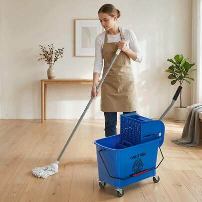  HOMCOM Cubo de Fregona con Ruedas Capacidad de 20 L Cubo de Fregar con Sistema de Escurridor Mopa y Asa de Transporte para Doméstico y Comercial