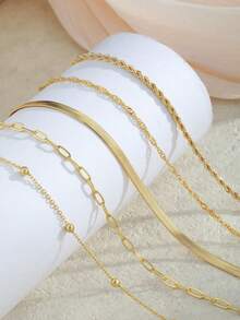 Set de 5 piezas de pulseras apilables elegantes en tono dorado, adecuadas para el uso diario de las mujeres (cantidad de cuentas aleatoria, longitud fija) - Dorado - Ver 3