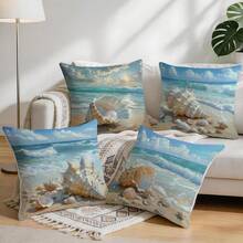 4 buah Sarung Bantal Motif Ombak Laut & Kerang, Sarung Bantal Cetak Satu Sisi, Cocok untuk Ruang Tamu, Kamar Tidur, Dekorasi Rumah, Semua Musim - MultiWarna - View 9
