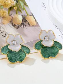 1 paire de boucles d'oreilles vintage bicolores en émail à fleurs de camélia, boucles d'oreilles de luxe à design délicat de niche - Vert - Voir 5