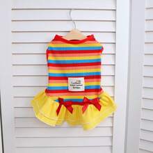 1 pieza Vestido con corbata de moño cómodo, transpirable y elástico con rayas de colores, adecuado para mascotas pequeñas/medianas en primavera/verano - Rojo - Ver 15