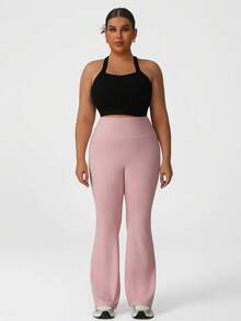 NcmRyu 1pc Women Plus Size Solid Color High Waist Lifting Flare Leg Pants Sports - Pink - View 4