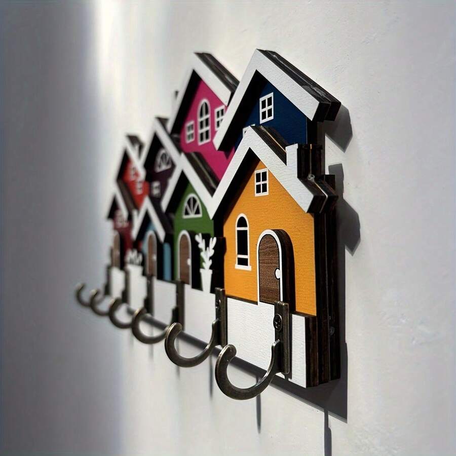 1 pieza Soporte de llaves con forma de casa de estilo europeo en 2D y de colores. Perchero de llaves de madera multifuncional para el hogar, de 11.8 x 9.0 pulgadas, con 4 ganchos de metal, adecuado para el porche, la habitación, la villa - Multicolor - Ver 1