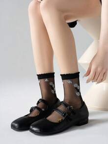 1/5 Đôi tất mỏng thêu họa tiết dễ thương kiểu dáng mùa xuân/hè, chất liệu lưới thoáng khí không gây bí chân, màu đen giúp thon gọn, mềm mại và thân thiện với da, phù hợp để mang hàng ngày với váy, quần jeans, giày lười. - màu đen - Xem 5