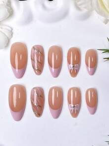 10 Pieces Handmade Almond-Shaped Press On Nails, Pink French Marble Texture False Nails. Adopting A Nude Nail Base, Decorated With Hand-Painted Pink French Edges And White Marble Patterns, And Embellished With Handmade White Bow Stickers. Elegant, Romantic And Minimalist, These High-End, Sexy And Light Luxury Nail Patches Are Suitable For Daily Wear, Dates, Concerts And Light Business Occasions, And Are A Perfect Gift For Women And Girls. - Multicolor - View 6