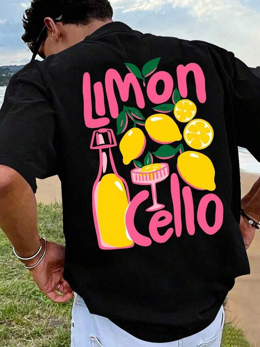 Men's Summer Outfit 2026, Men's Casual T-Shirt With "LIMONCELLO" Lemon Print, Comfortable Pure Cotton Short-Sleeved T-Shirt, Casual Everyday Wear, Loose Fit, Comfortable And Versatile, Suitable For Daily Life And Outdoor Activities, Summer Clothing, Weekend Wear. Summer Men - màu đen - Xem 1
