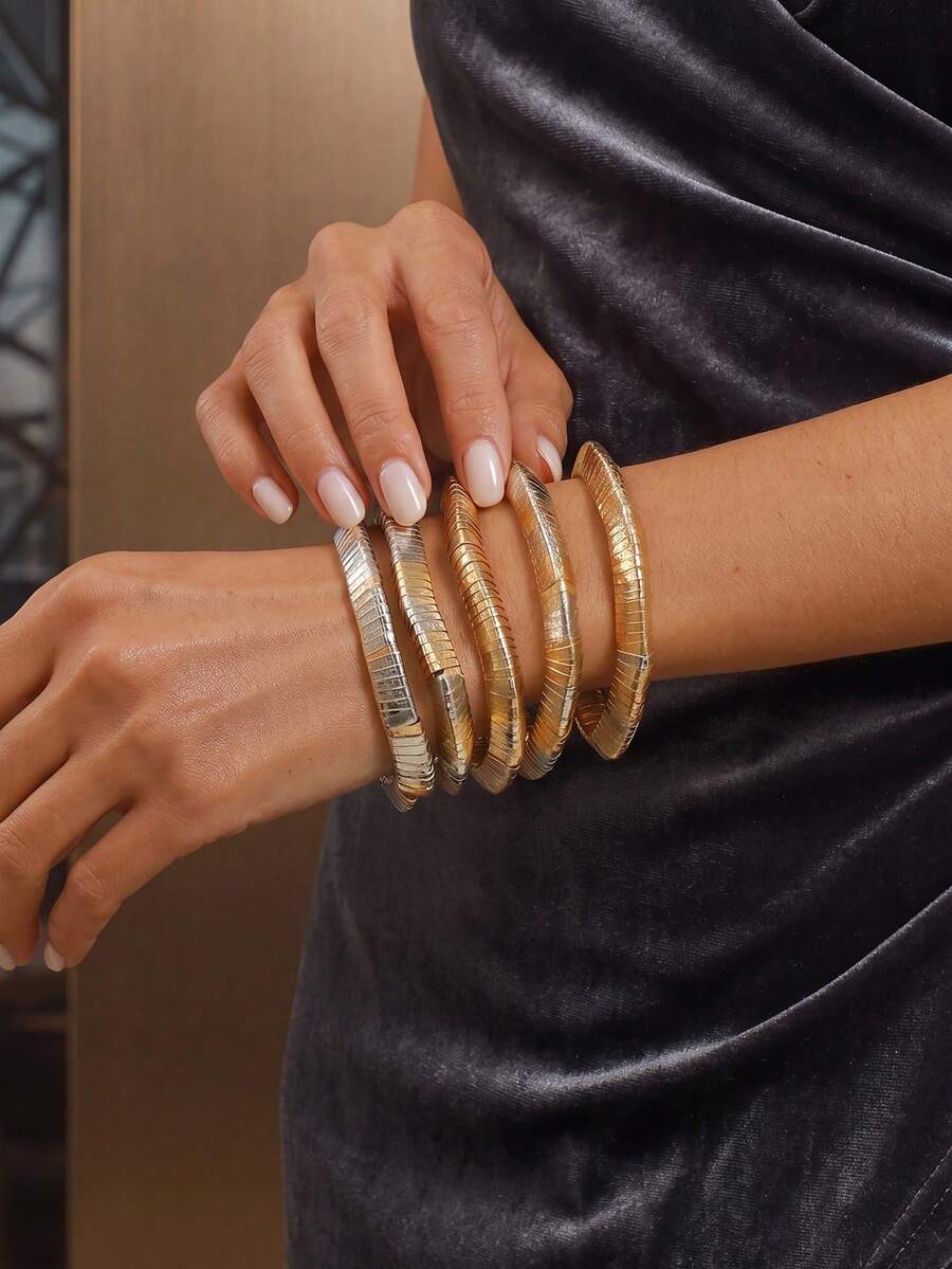 Set de 5 pulseras brazalete elásticas de metal bicolor, diseño único, estilo europeo y americano, versátiles para uso diario, fiesta y transporte - Multicolor - Ver 1