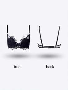 1pc Fashion Lace Padded Floral Lash Wireless Push-Up Bra - Black - View 2