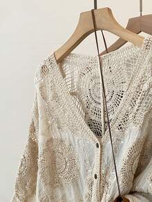 Women's Hollow Crochet Sequin Design, Solid Color Front Button Vacation Beach Top, Summer Coverup - Apricot - View 4