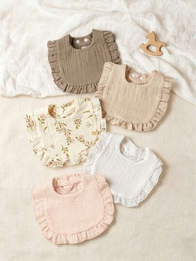 5pcs/Set Baby Bibs, U-Shaped Floral Edging, Pure Cotton Soft & Breathable, Solid Color Floral Design, Suitable For Newborns, Baby Shower Gift