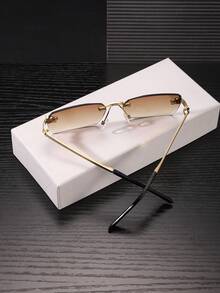 1 PC Men's Retro Geometric Rimless Fashion Glasses Lightweight Frame Gold Animal Head Accent Gradient Lens Suitable For Travel Vacation With Glasses Box - Multicolor - View 10