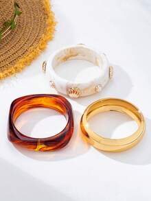 Set de 3 pendientes de aro de acrílico de moda con colgante de concha y perla incrustada, adecuado para uso diario y de fiesta de mujeres, set de pulseras apilables - Blanco - Ver 5