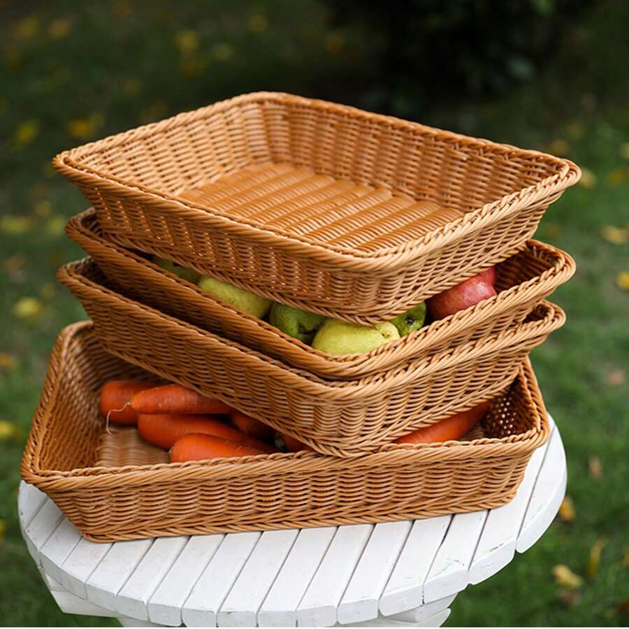 Rectangular Faux Rattan Woven Storage Basket, Kitchen Fruit Vegetable Bread Basket, Restaurant Snack Tray, Home Miscellaneous Storage Tray, Suitable For Restaurant, Bakery, Entrance, Coffee Table, Office Desk, Picnic/Camping - Multicolor - View 1