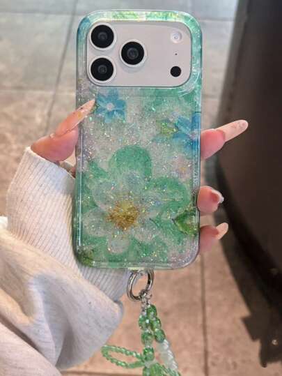 Green Glitter Flower 17 Pro Max Phone Case, Vintage Elegant Protective Cover Compatible With Iphone 16 Pro, 15 Pro, 14 Pro Max, 16 Pro Max, 13 New Model