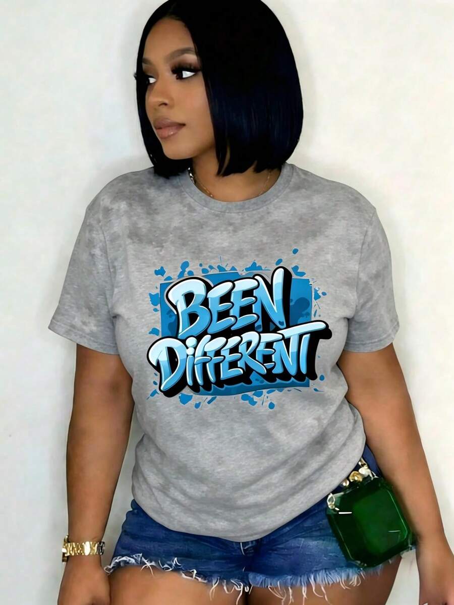 Women's Oversized Graphic Short-Sleeve Tee Blue Graffiti Inspired Design 'S Comfit FashionablewomenclothingRetro Y2K LoversCampusCommuteMusicFestivals - 灰色1 - 查看 1
