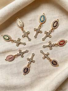 10/20pcs Cross DIY Zinc Alloy Drip Oil Jewelry Accessories, Virgin Mary Rhinestone Double Pendant, Bracelet, Keychain, Decoration - Multicolor - View 2