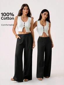 PETITE Pantalones rectos de cintura baja de 100% algodón lavado, pantalones de lino para mujer, pantalones de verano, pantalones anchos de mujer, pantalones de verano, otoño y ropa de otoño para mujer - Negro - Ver 3