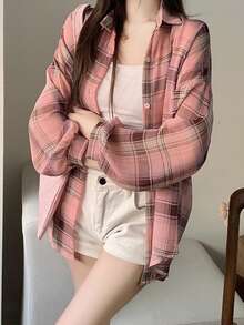 女士格子衬衫，夏季新款休闲宽松上衣 - 拼接粉 - 查看 5