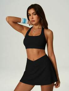 UONNOU 2pcs Tennis Sports Set, Camisole Sports Bra And V-Waist Design Skirt, Suitable For Fitness And Golf - Black - View 5