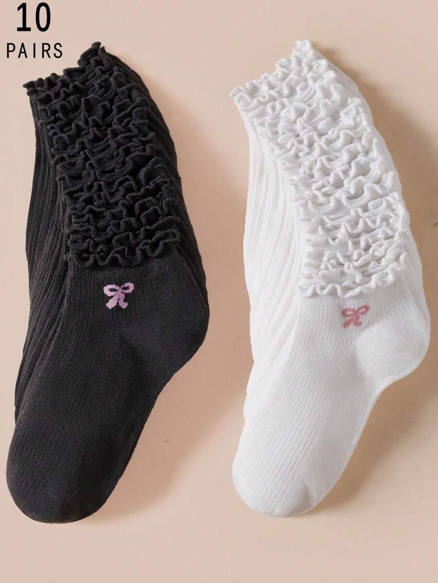 10双黑白可爱蝴蝶结装饰简约优雅女士短袜 - 查看 1