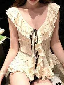 Chic Elegant Sheer Chiffon Top, V-Neck Frill Trim Polka Dot Top For Women, Summer Vacation - Apricot - View 5