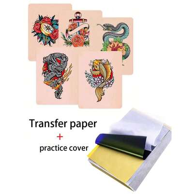 Bộ da giả tập xăm + giấy chuyển hình - Da giả kèm giấy mẫu để xăm, phù hợp cho người mới bắt đầu và nghệ sĩ xăm hình chuyên nghiệp, tuyệt vời để luyện tập, thực hành và chuyển hình mẫu xăm.