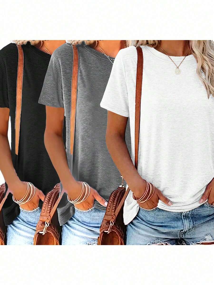3pcs Plus Size Solid Color Round Neck Short Sleeve Loose Casual T-Shirts, Suitable For Spring/Summer Daily And Home Wear, Machine Washable