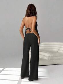 2 piezas Conjunto casual de vacaciones para mujer con top halter sin espalda y pantalones en color caqui tejido - Negro 2 - Ver 2