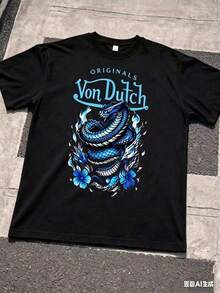 Cotton Graphic Tees, Tween Boys Summer Shirt, Kids Teen Girls Clothing, 1pcs Men Creative Short Sleeve Print T-Shirt & Shorts Set Blue Dragon And Flower Pattern With Vons Dutch Text Casual Wear Soft Fabric Breathable Print T-Shirt & Shorts Set2026 Unisex Casual Tops - màu đen - Xem 7