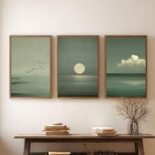 三件套灰绿色海洋风景墙画，极简风格海洋天空印花，中性日式北欧客厅装饰画（不含框） - A - 查看 9