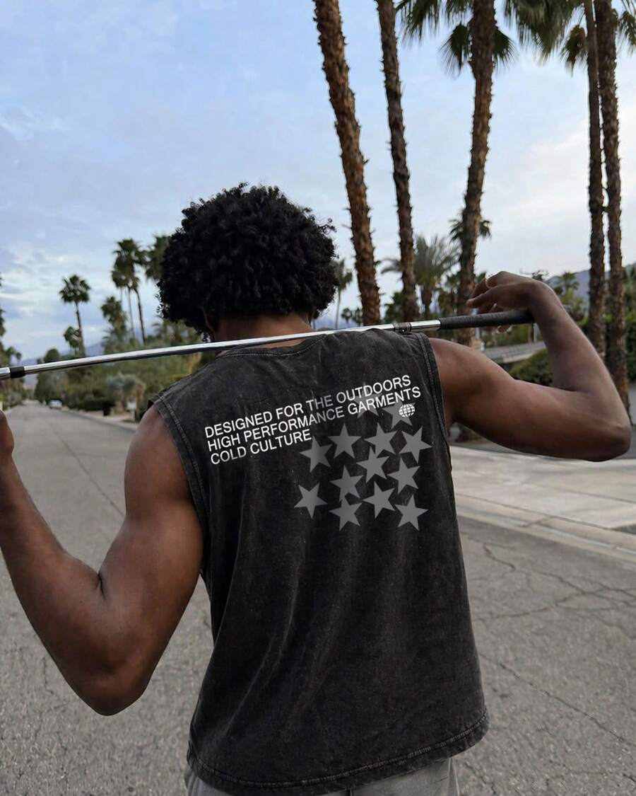 Camiseta de tirantes holgada con estampado de estrella de estilo vintage y urbano, camiseta de tirantes lavada para festivales de música - Negro - Ver 1