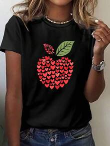 Women's Oversized T-Shirt - Short Sleeve, Round Neck, Apple And Heart Print, Geometric Design, Red And Grey, Medium Stretch, Machine Washable, Comfortable Fit For All Seasons, Spring Wear, Playful Graphic Tee, Stretch Fabric, Relaxed Fit-X - Black - View 2