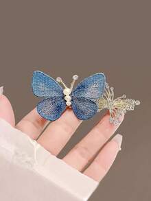 蓝色刺绣蝴蝶发夹，小众设计发饰，侧刘海夹，简约发夹，时尚头饰 - 藍色 - 查看 2