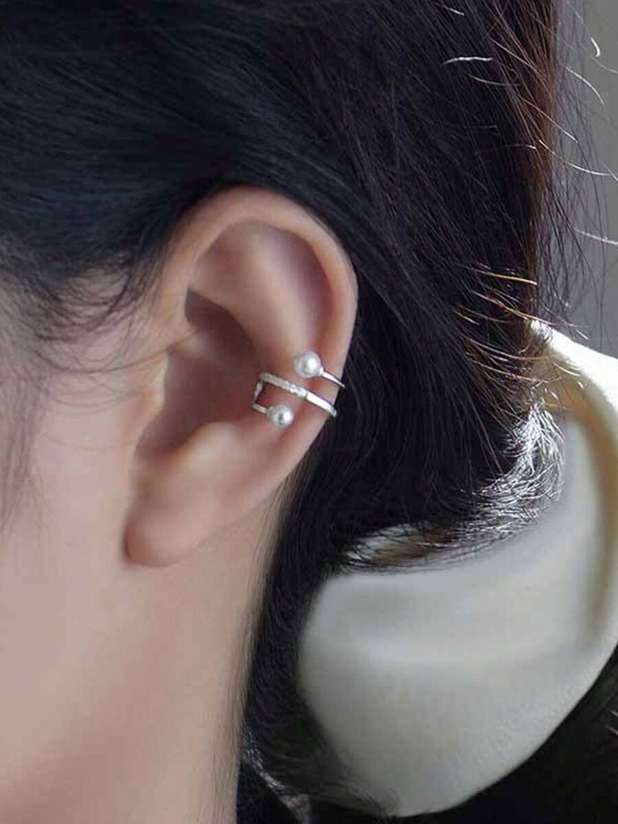 1 Paar S925 Sterling Silber geometrische Perlen Clip-On Ohrringe, koreanisches/japanisches minimalistisches Nischendesign, Ins Cold Style elegante Persönlichkeit vielseitige Ohrringe, geeignet für den täglichen Gebrauch und Partys von Frauen, modisches Accessoire - Perle - Übersicht 1