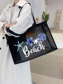 Bolsa de malla transpirable para la playa, diseño de patchwork para vacaciones en la playa, estampado de océano, estrella de mar, perla y patrón de letras, bolsa de malla de gran capacidad. - Multicolor - Ver 6