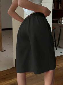 Women's Drawstring Waist Black Knit Wide Leg Bermuda Shorts, Casual - Pink - View 8