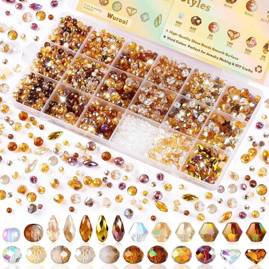 1750 Pcs Crystal Glass Beads For Jewelry Making - High Shine, Faceted Cut Design Crystal Beads, DIY Bracelet Necklace Earring Craft Kit With Organizer Box, Champagne - Rượu sâm banh - Xem 1