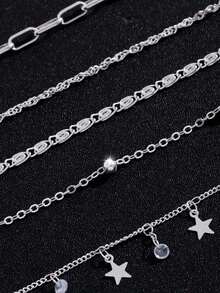 Fashionable Minimalist Silver Rhinestone Star Pendant Bracelet Set, Decorative Jewelry For Women, Daily, Date, Party, Great Gift For Female Friends - Star Zirconium 5 Layers 4 Pieces Bright Silver - View 4