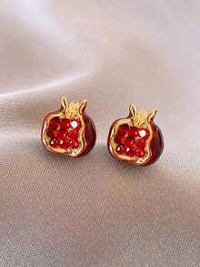 1 Pair Petite Elegant Vintage Pomegranate Unique Design Fully Rhinestone Embedded Glass Stud Earrings, Versatile For Women Daily Wear, Autumn/Winter - Burgundy - 查看 3